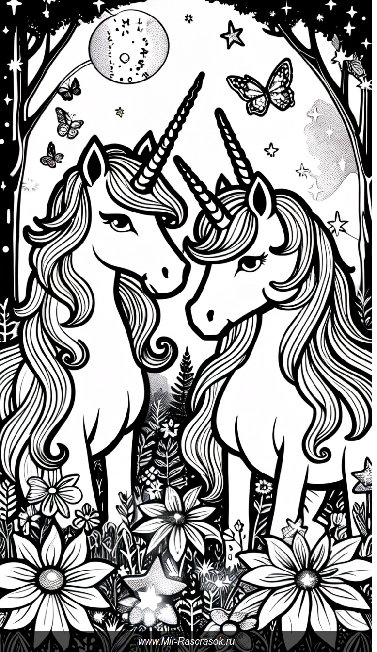 Волшебные единороги в зачарованном лесу для раскрашивания
