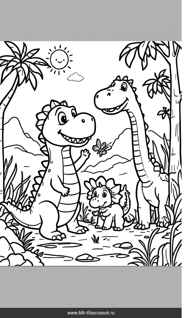 Веселые динозавры на солнечной доисторической странице для раскрашивания