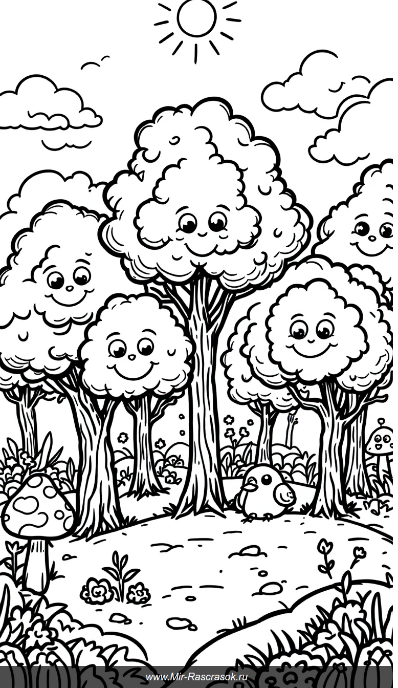 Дружелюбный лес с улыбающимися деревьями и веселыми птицами для раскраски