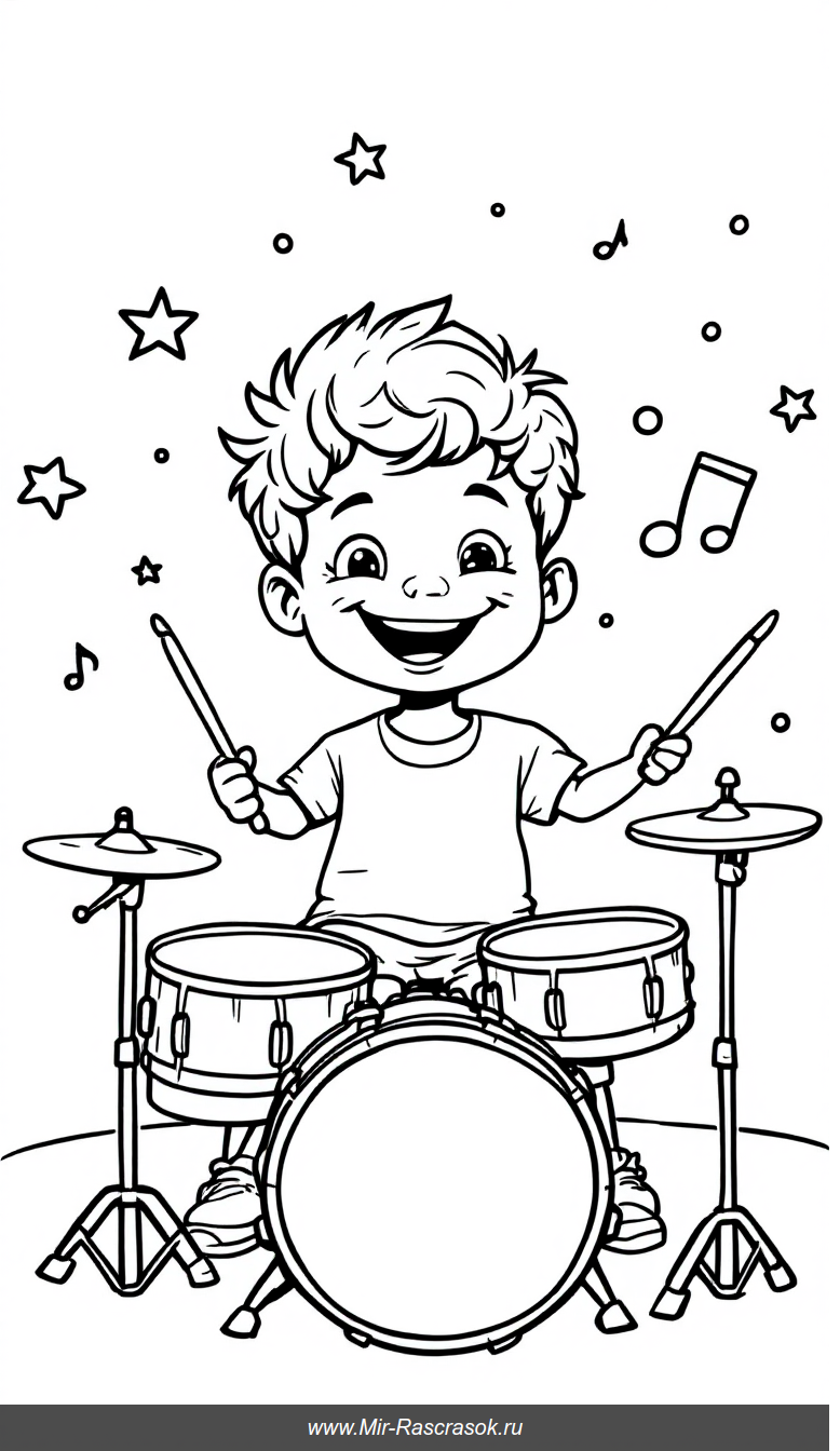 Радостный малыш играет на барабанах раскраска для детей