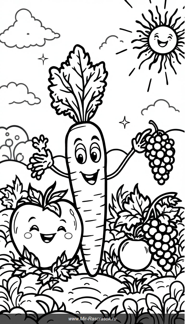 Веселый сад с улыбающимися фруктами и овощами для раскрашивания