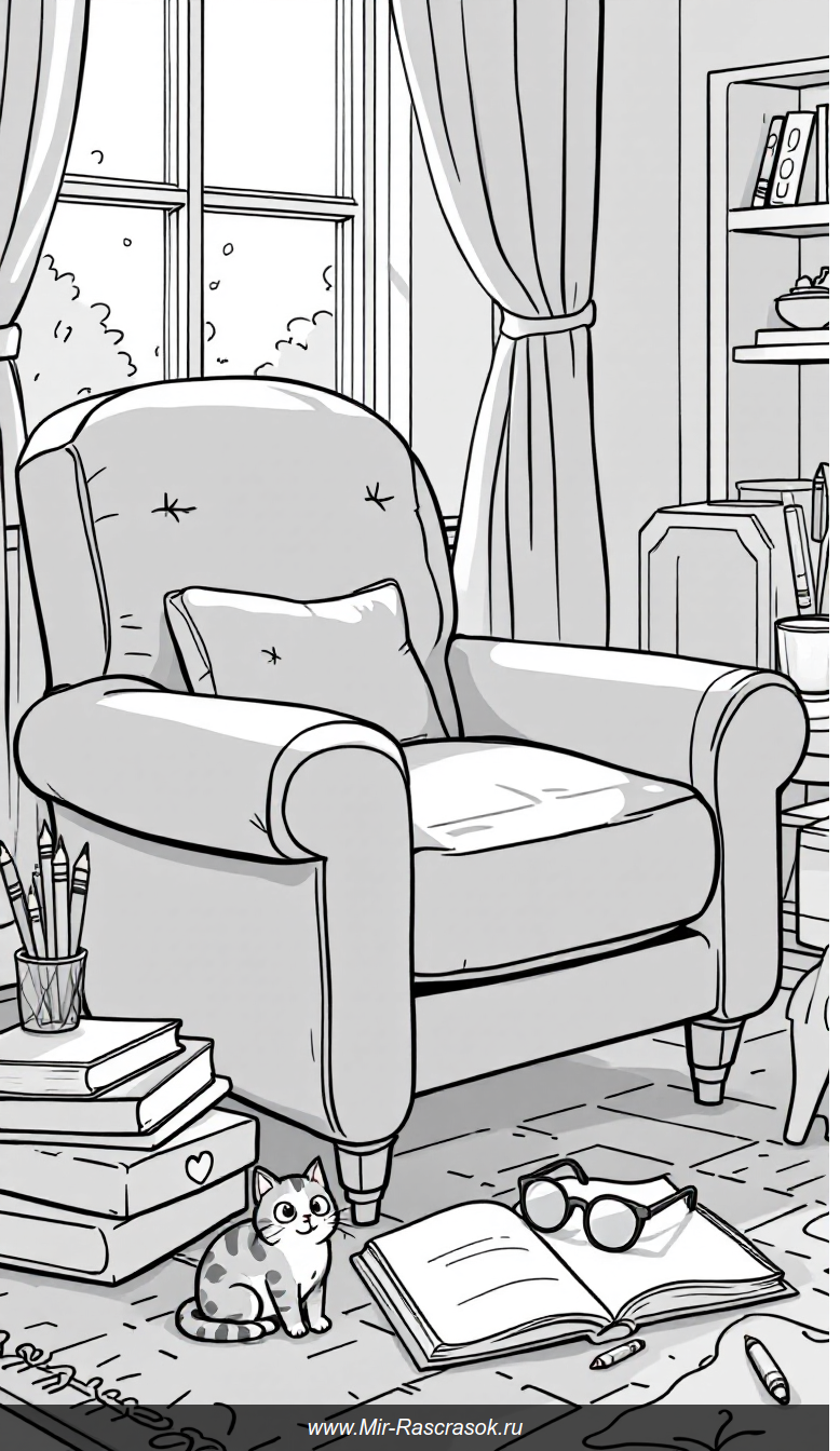 Уютный уголок для чтения и творчества в раскраске для детей