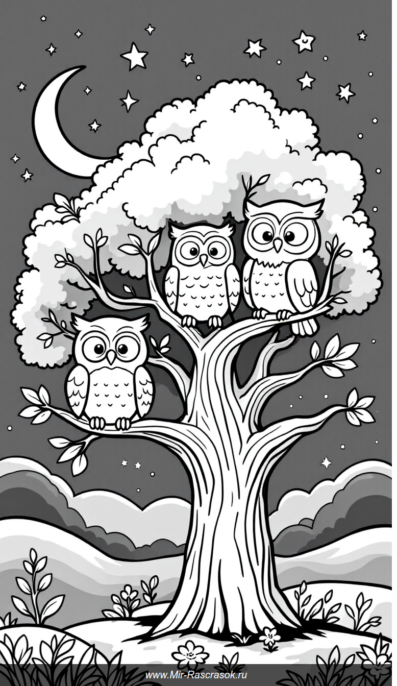 Три милые совы на ветках большого дерева для детской раскраски