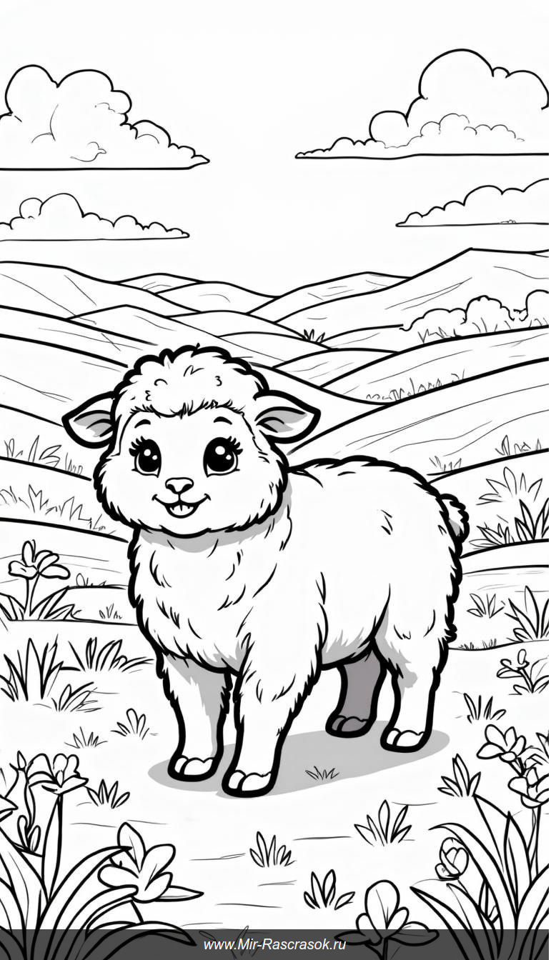 Раскраска с овечкой в цветущем лугу