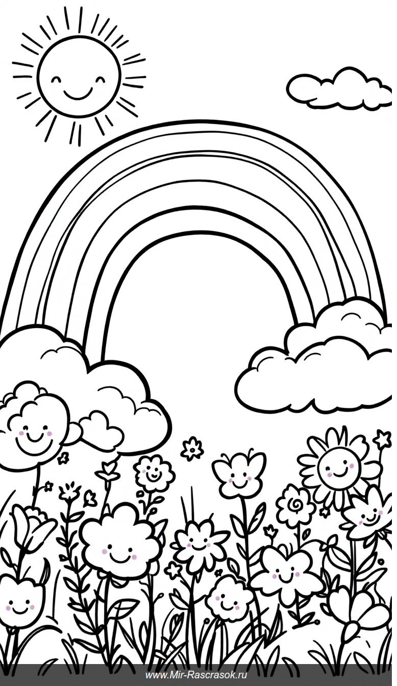 Веселая раскраска с радугой улыбающимся солнцем и добрыми облаками для детей