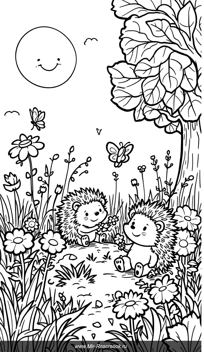 Веселые ежики летом Простая раскраска для маленьких художников