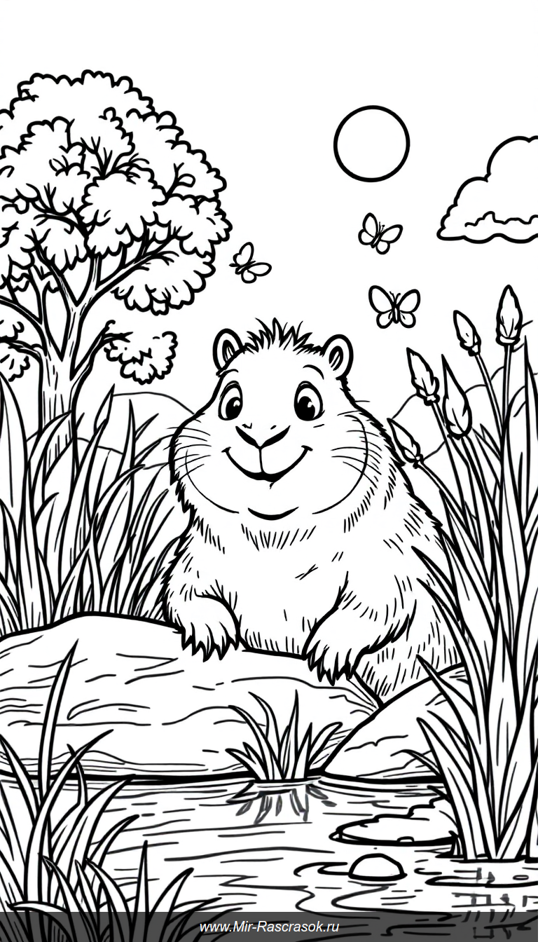Дружелюбная капибара играет в прятки у солнечной реки раскраска для детей