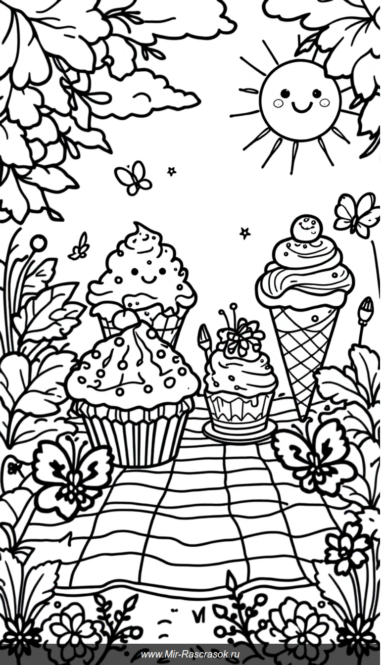 Весёлый пикник с пирожными и мороженым для раскрашивания детям