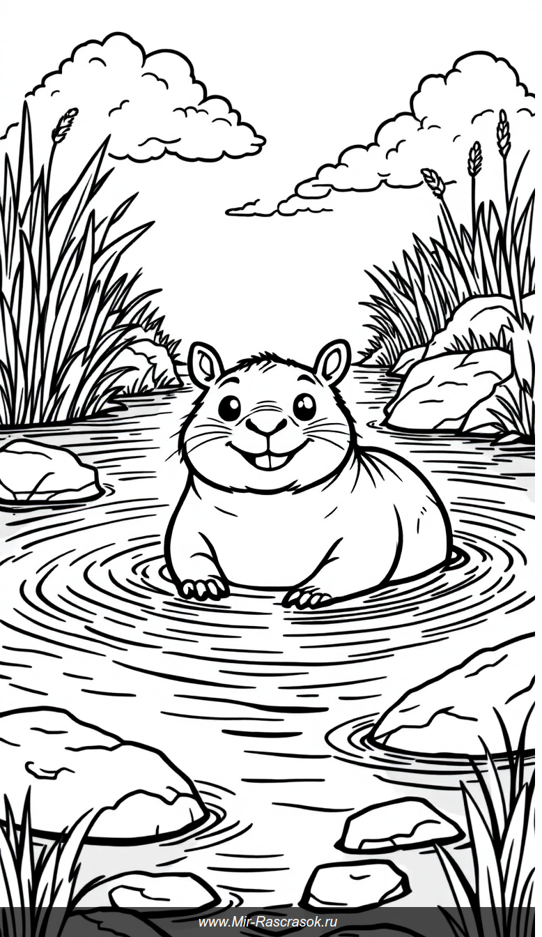 Веселая капибара на спокойной речке Раскраска для детей