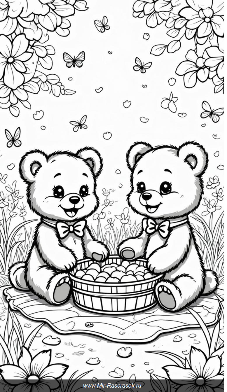 Медвежата на пикнике в цветущем лугу