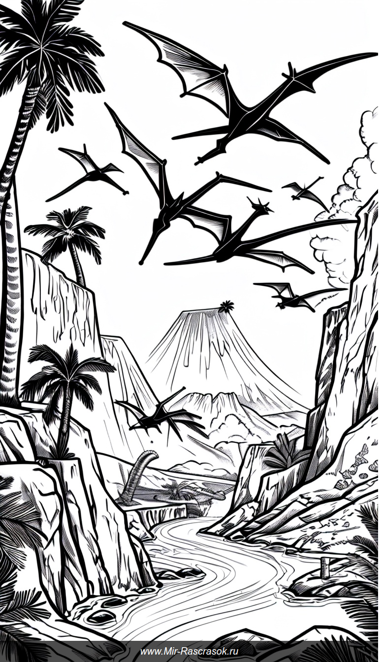 Раскраска с летающими птеродактилями над доисторическим пейзажем