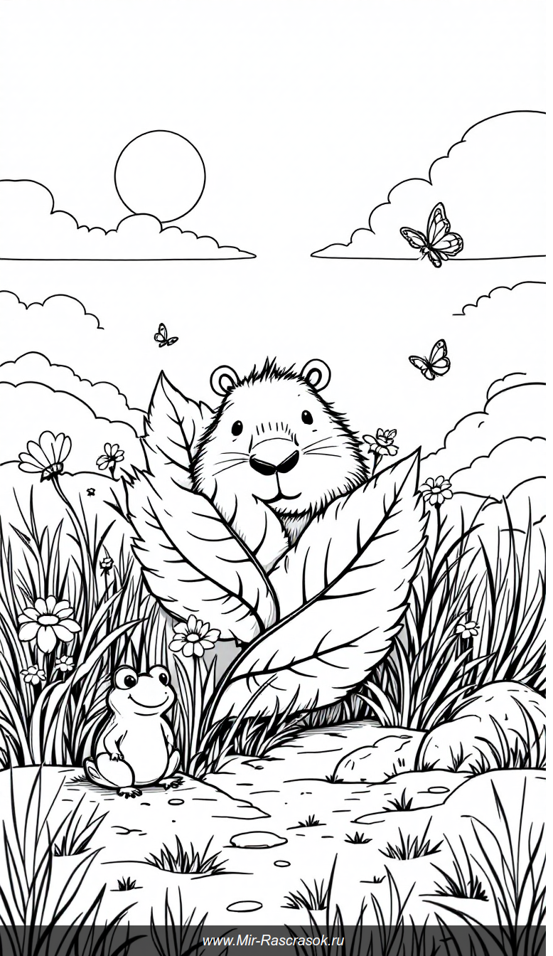 Дружелюбная капибара и лягушка играют в прятки в раскраске для детей