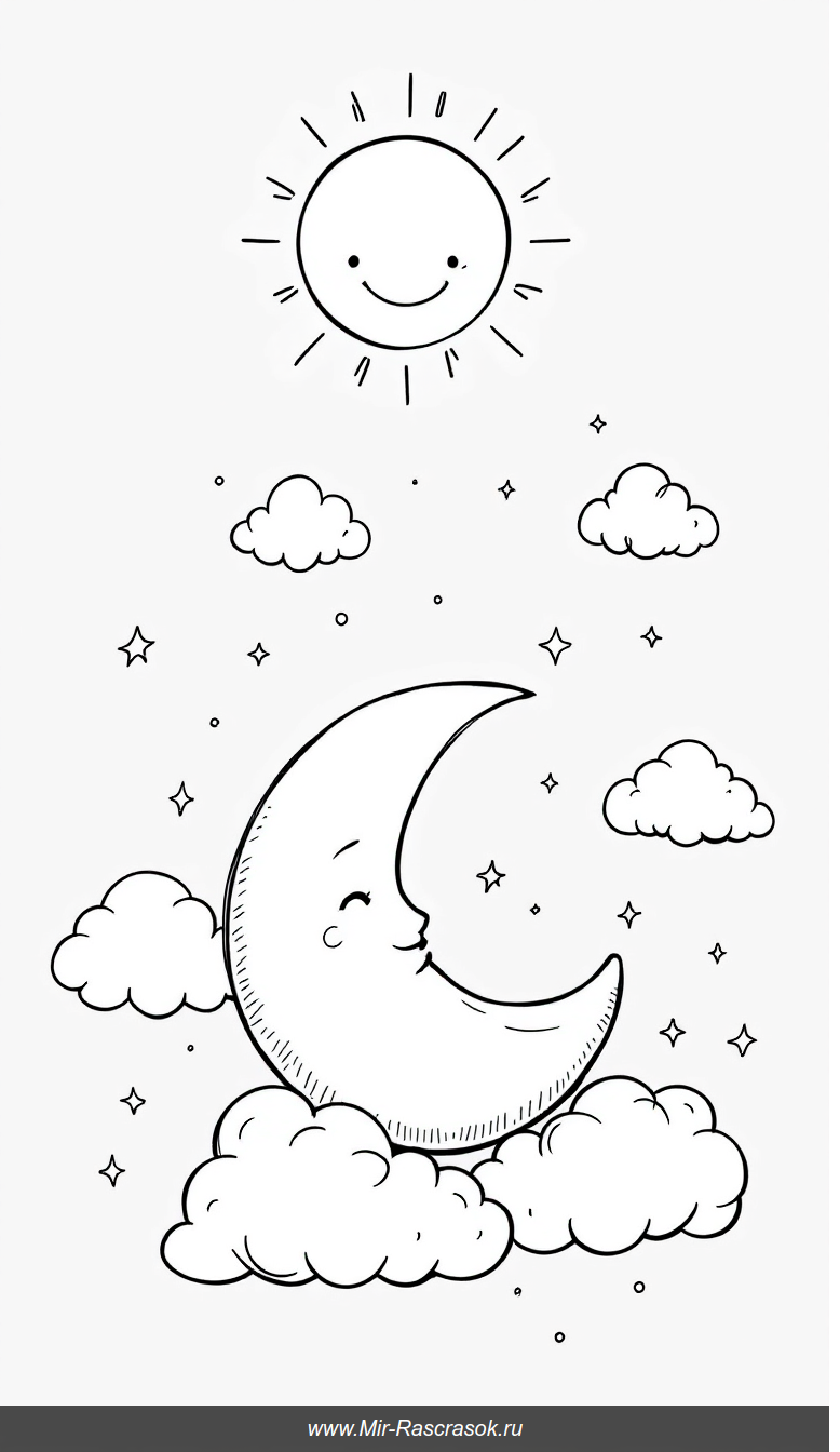 Радостное солнце и луна с облаками в раскраске для детей