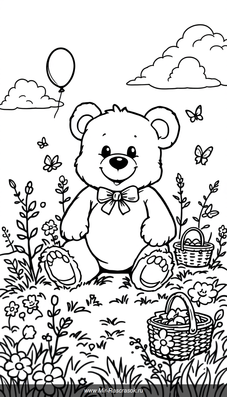 Раскраска с добрым плюшевым мишкой улыбкой и цветами принесет радость детям 🎨🧸 Простые и четкие линии помогут развить творческие навыки малышей 🌼✨ Наслаждайтесь веселым времяпрепровождением с нашим милым медвежонком и раскрашивайте вместе с детьми 🖍️🌞