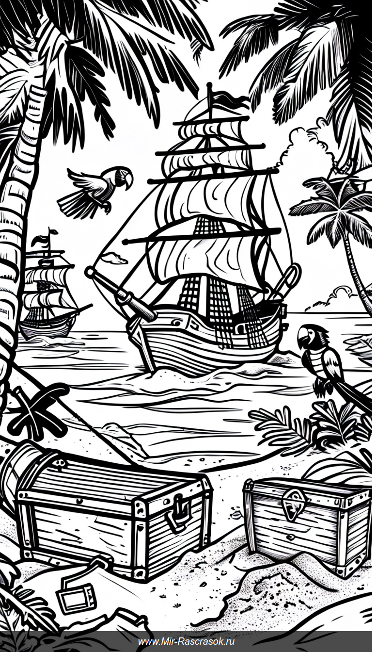 Приключения пиратов в раскраске сокровищ острова