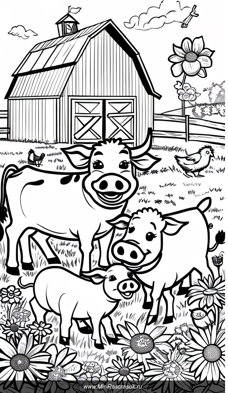 Веселая ферма: раскраска с счастливыми животными и красным амбаром