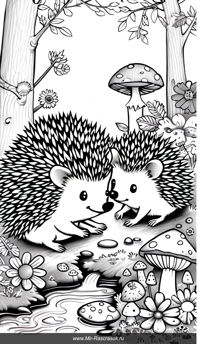 Милые ежи в уютном лесу раскраска для детей