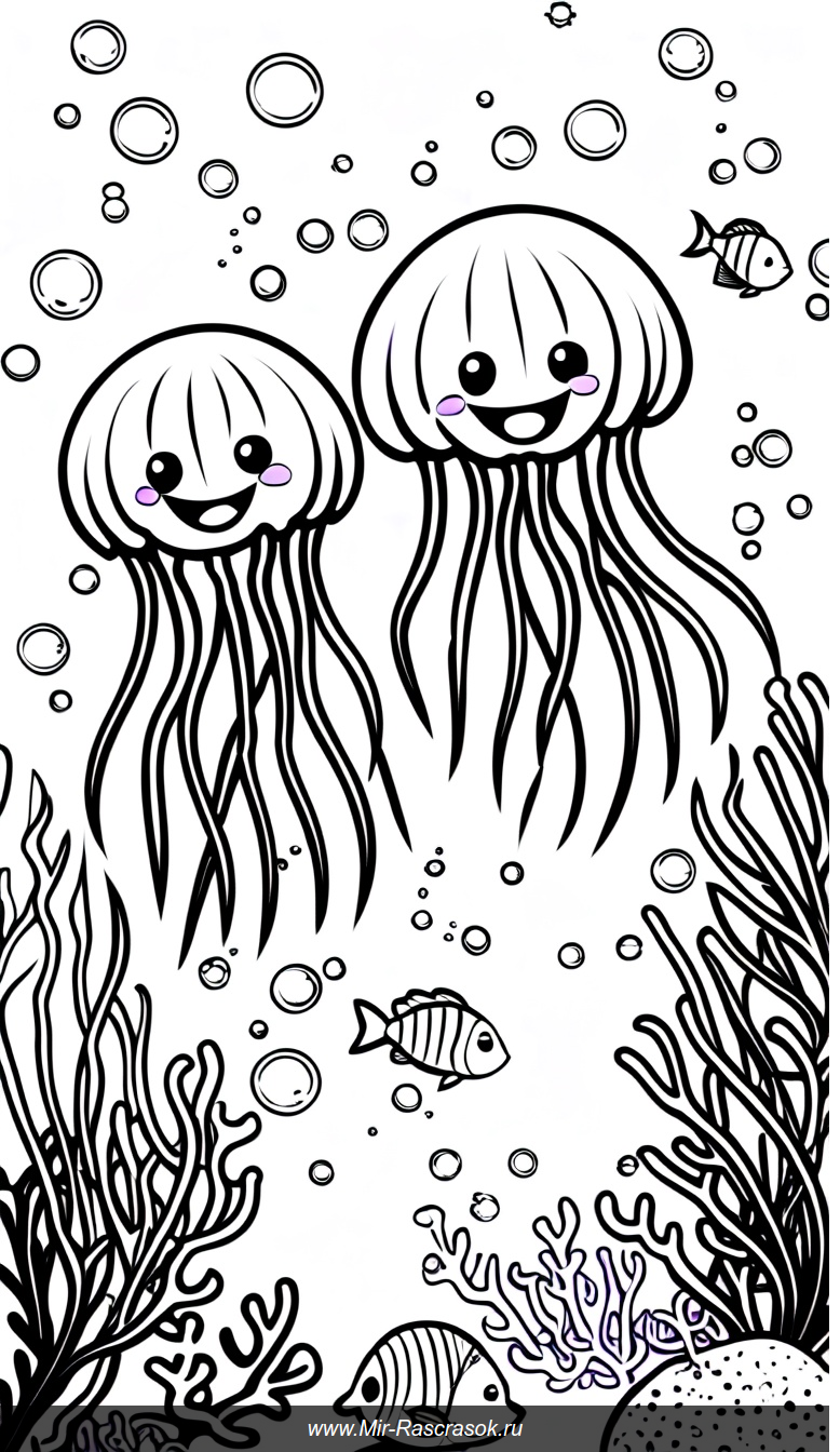 Весёлые медузы в раскраске живой подводный мир океана