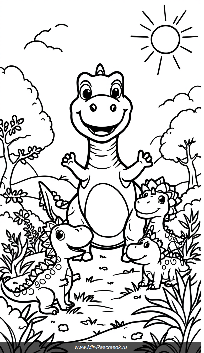 Веселые динозавры для раскрашивания дружеская сцена для детей