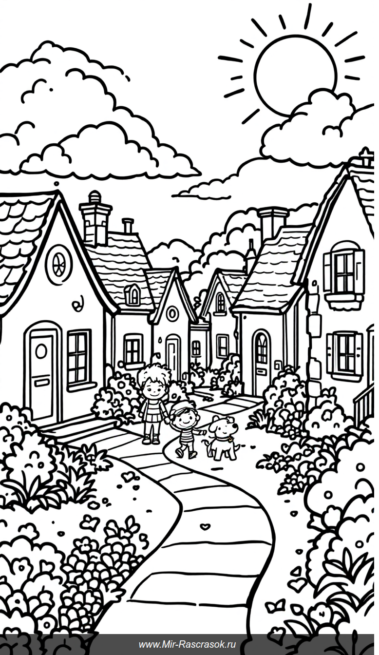 Уютная улица для детей раскраска с домиками и весёлым малышом