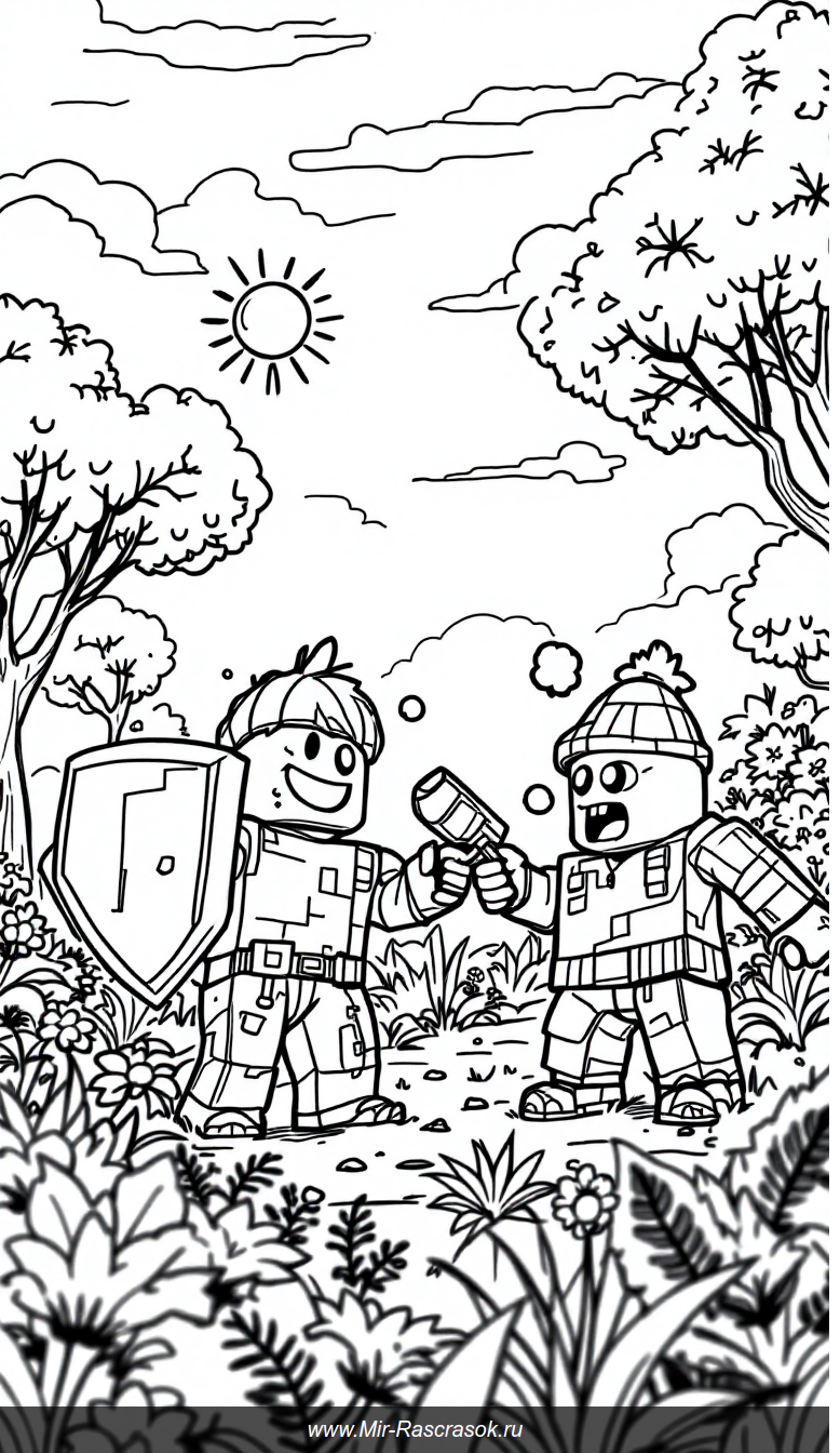 Дружеская защита в саду для детской раскраски Роблокс и забавных зомби