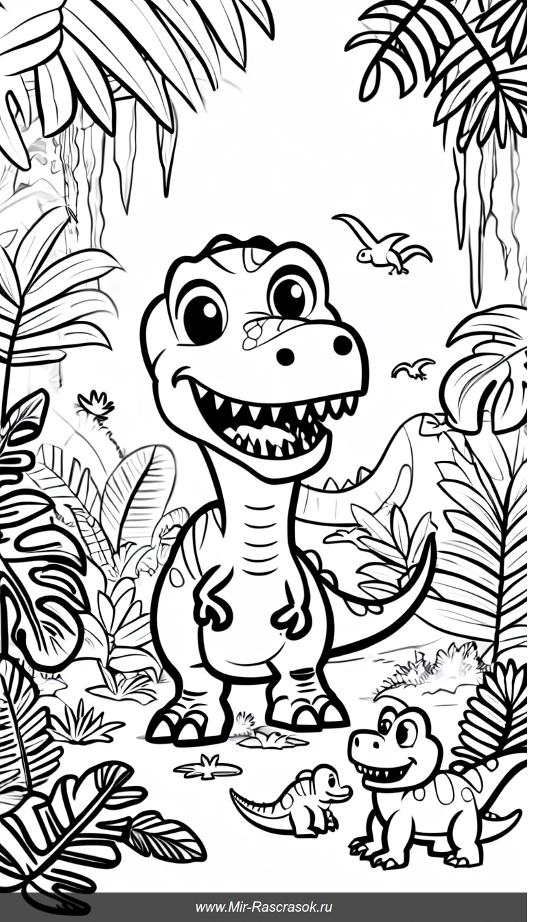Веселый Ти-Рекс и его друзья в доисторической раскраске