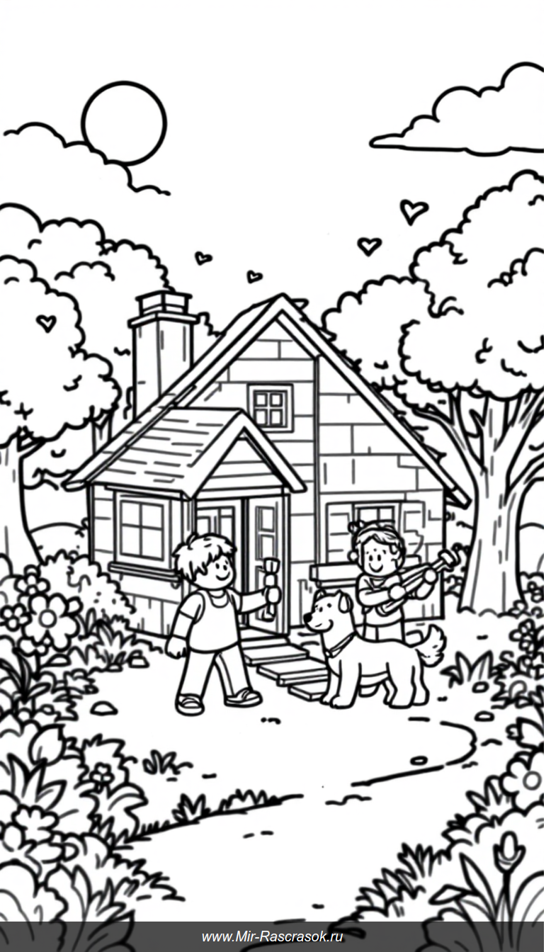 Раскраска для детей Дружный микрорайон с домиком и детской строительной площадкой