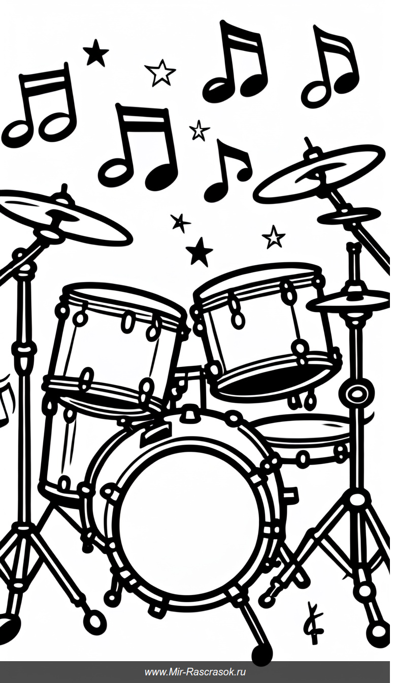 Веселая барабанная установка для раскраски с улыбающимися лицами и нотами