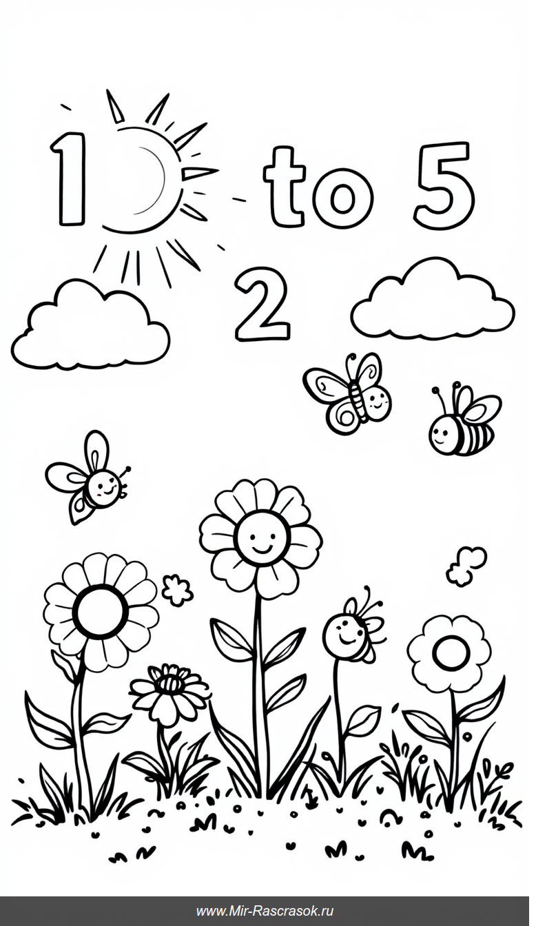 Веселая раскраска с числамии Забавный сад для счета от 1 до 5