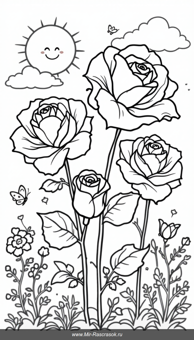 Погрузитесь в волшебный мир красивых роз с нашей раскраской 🌹 Детям понравится раскрашивать крупные бутоны и бабочек 🦋 Простые и понятные формы помогут развивать творческие навыки и внимание к деталям 🌟 Отличное занятие для веселья и обучения в любое время года 🌸