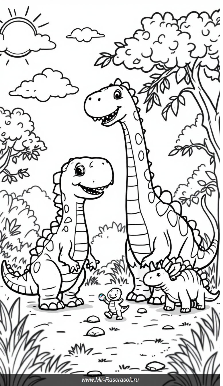 Веселые динозавры играют в парке Раскраска для детей