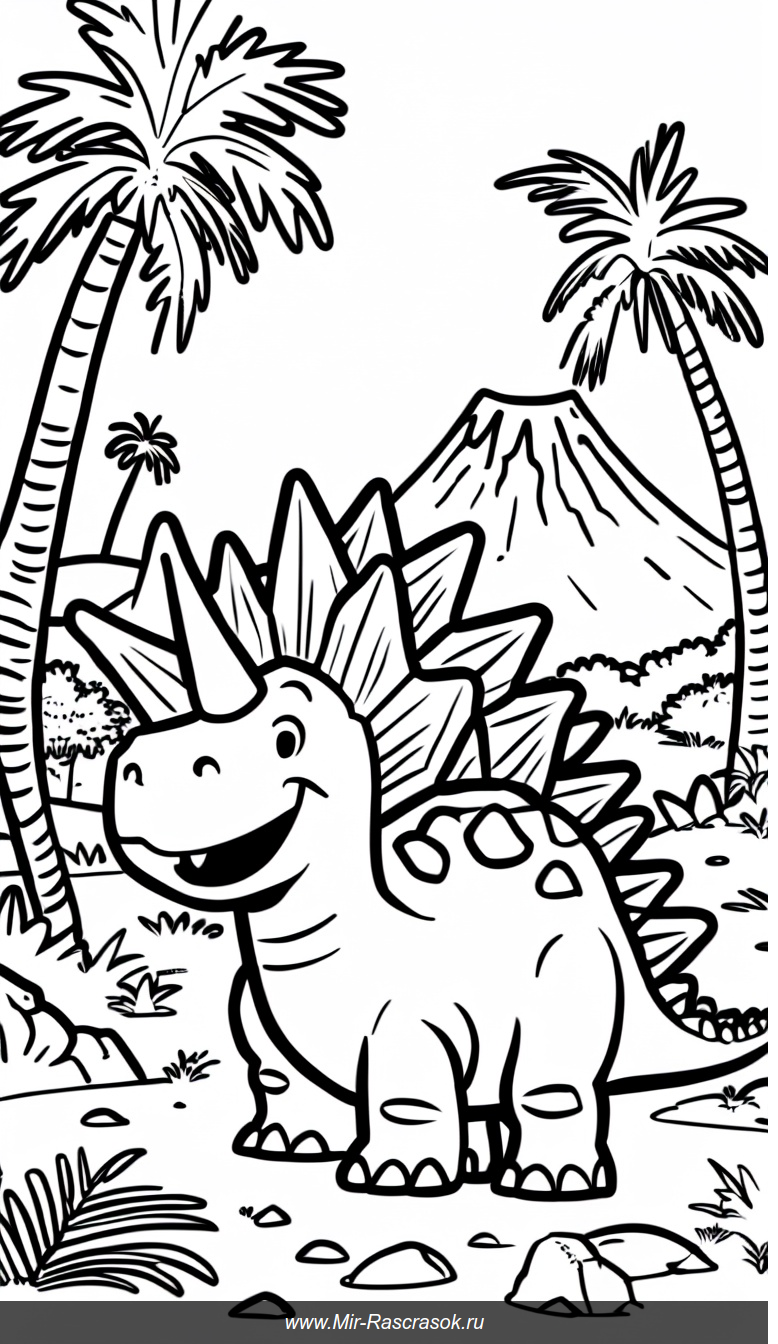Весёлый стегозавр для раскрашивания на доисторическом фоне