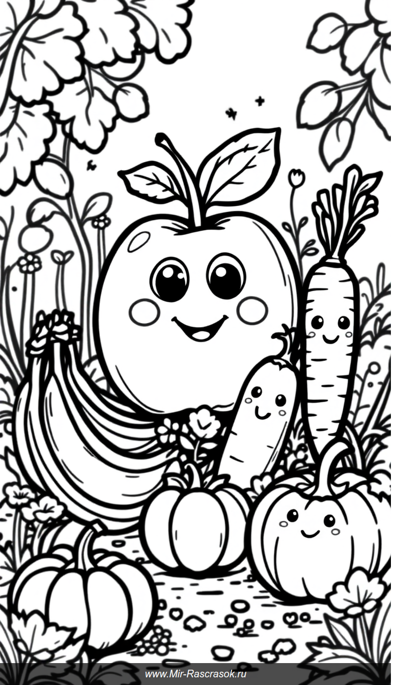 Счастливый сад в раскраске с улыбающимися фруктами и овощами