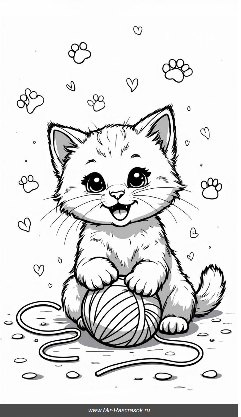 Милый котенок с клубком и сердечками