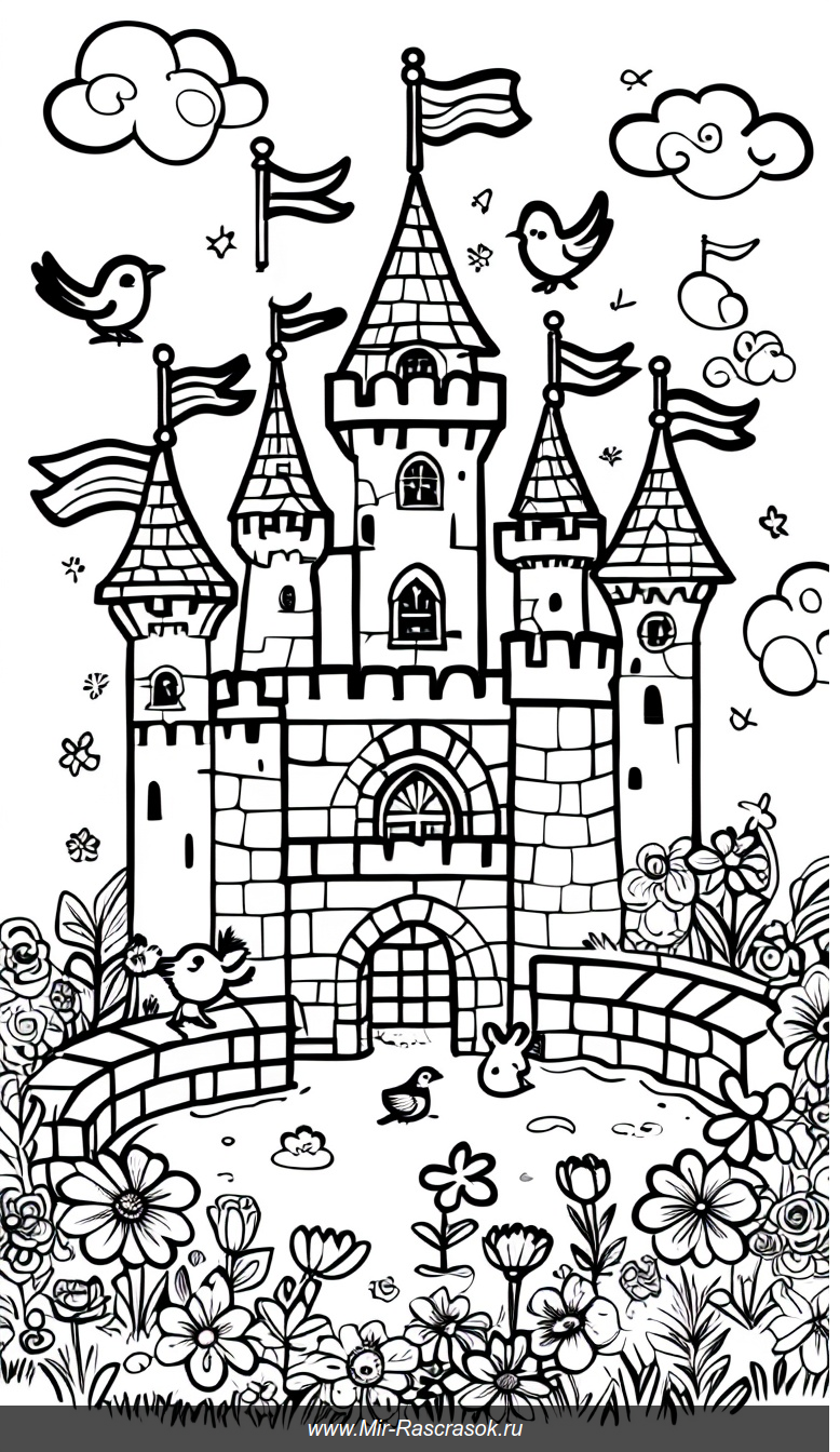 Весёлый замок с улыбающимися башенками и добрыми животными для раскраски