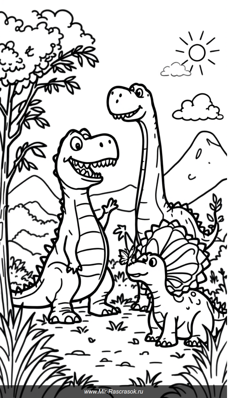 Веселые динозавры в доисторическом парке раскраска для детей