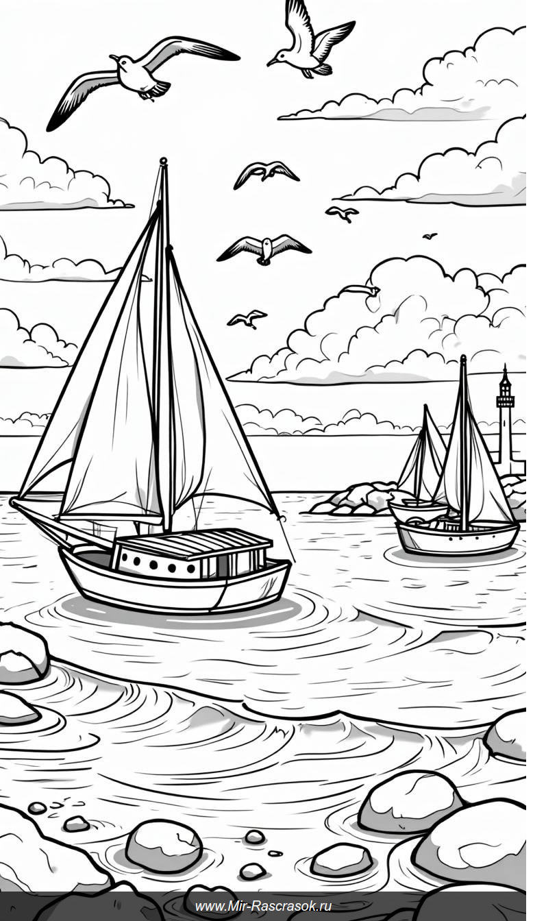 Спокойствие моря: раскрасьте сцену с парусниками и маяком
