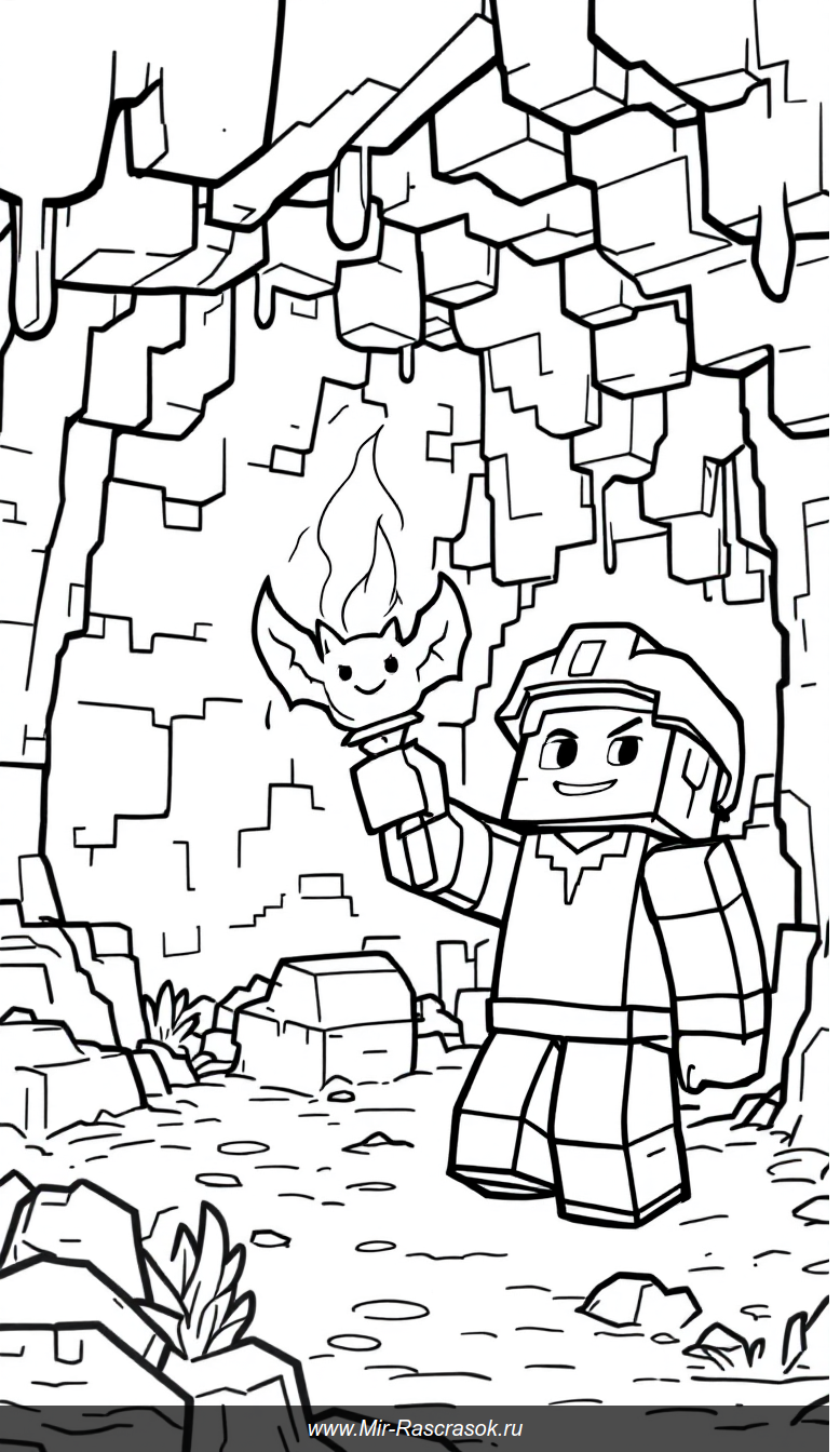 Веселое приключение в пещере с героем Майнкрафт для раскраски детей