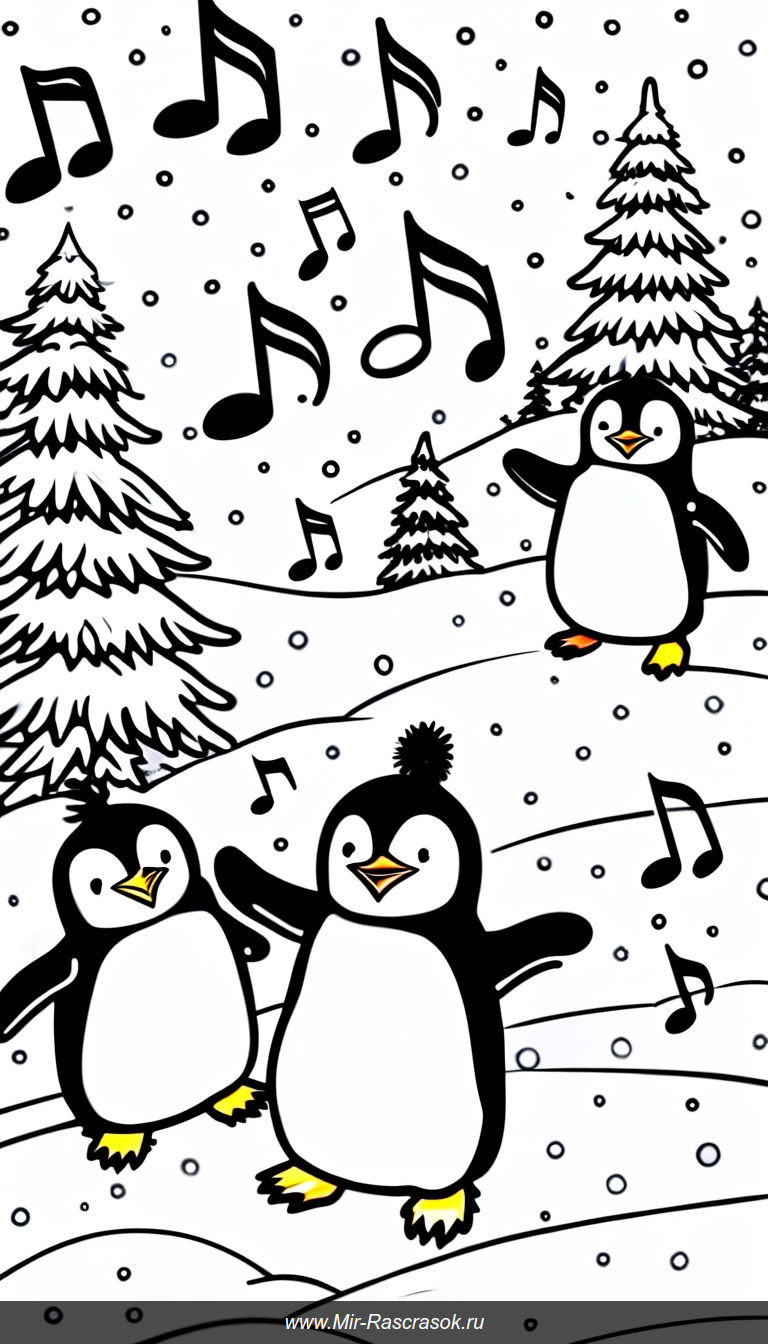 Веселые пингвины танцуют в зимнем лесу для раскрашивания детьми