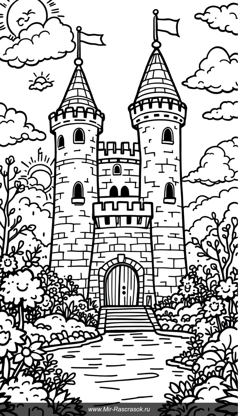 Волшебный замок для раскрашивания с радостными птицами и цветами