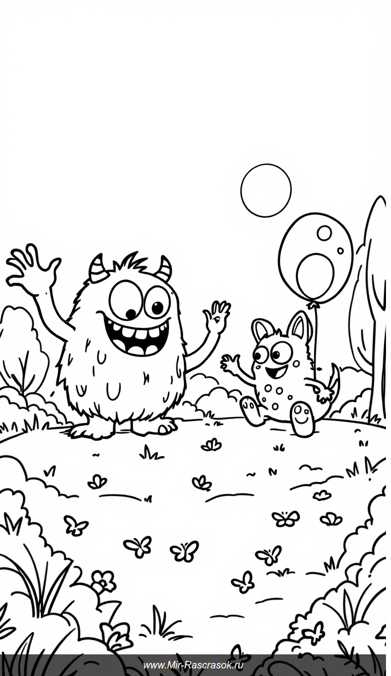 Веселые монстрики играют в парке Раскраска для детей