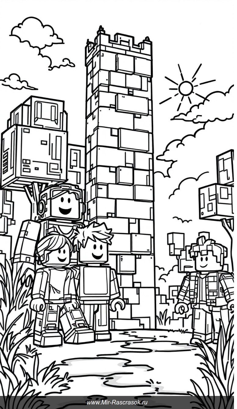 Веселая раскраска Роблокс с героями и добрым роботом для фантазии детей