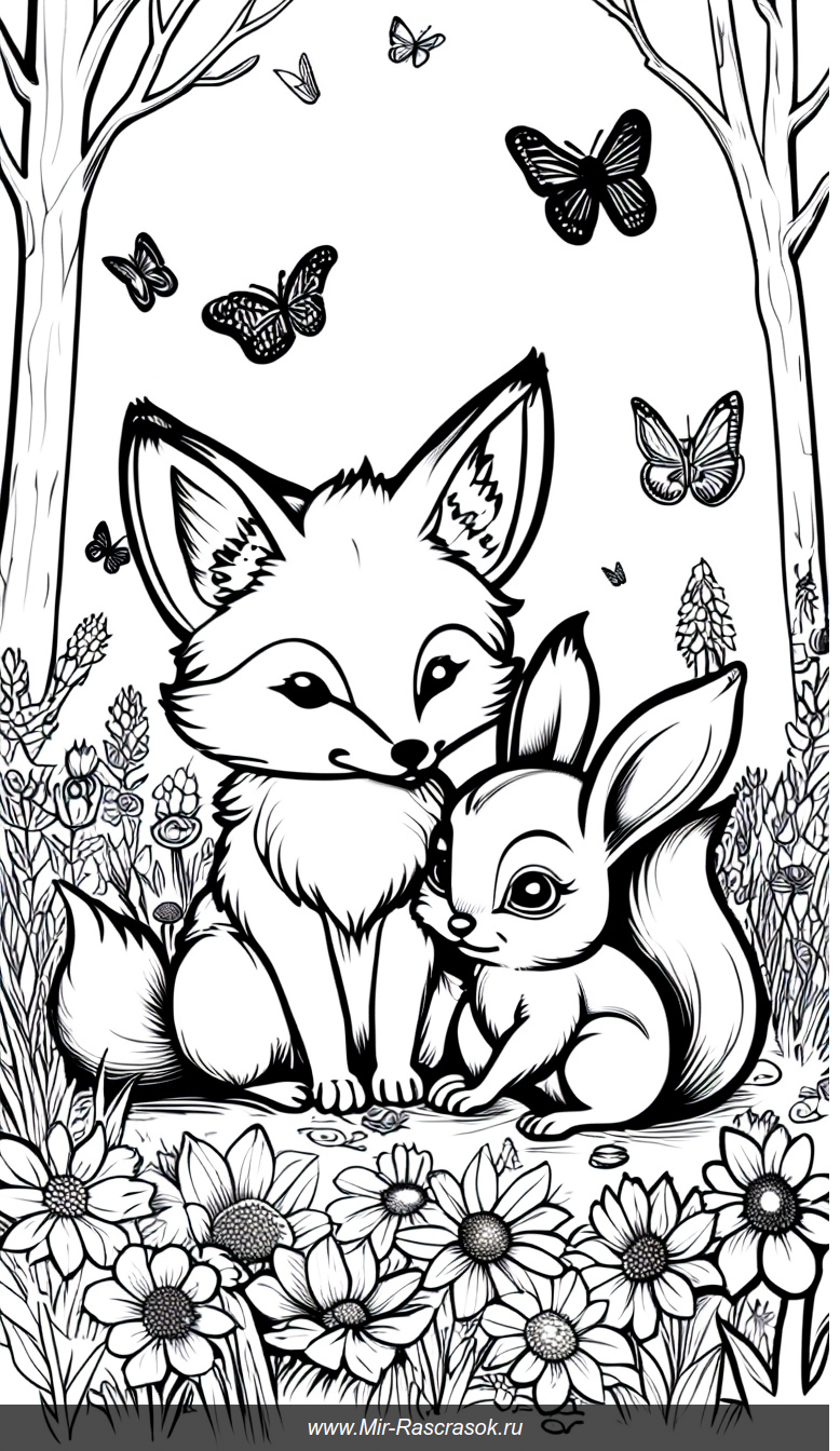 Раскраска с милыми малышами лисёнка зайчика и белочки в лесу