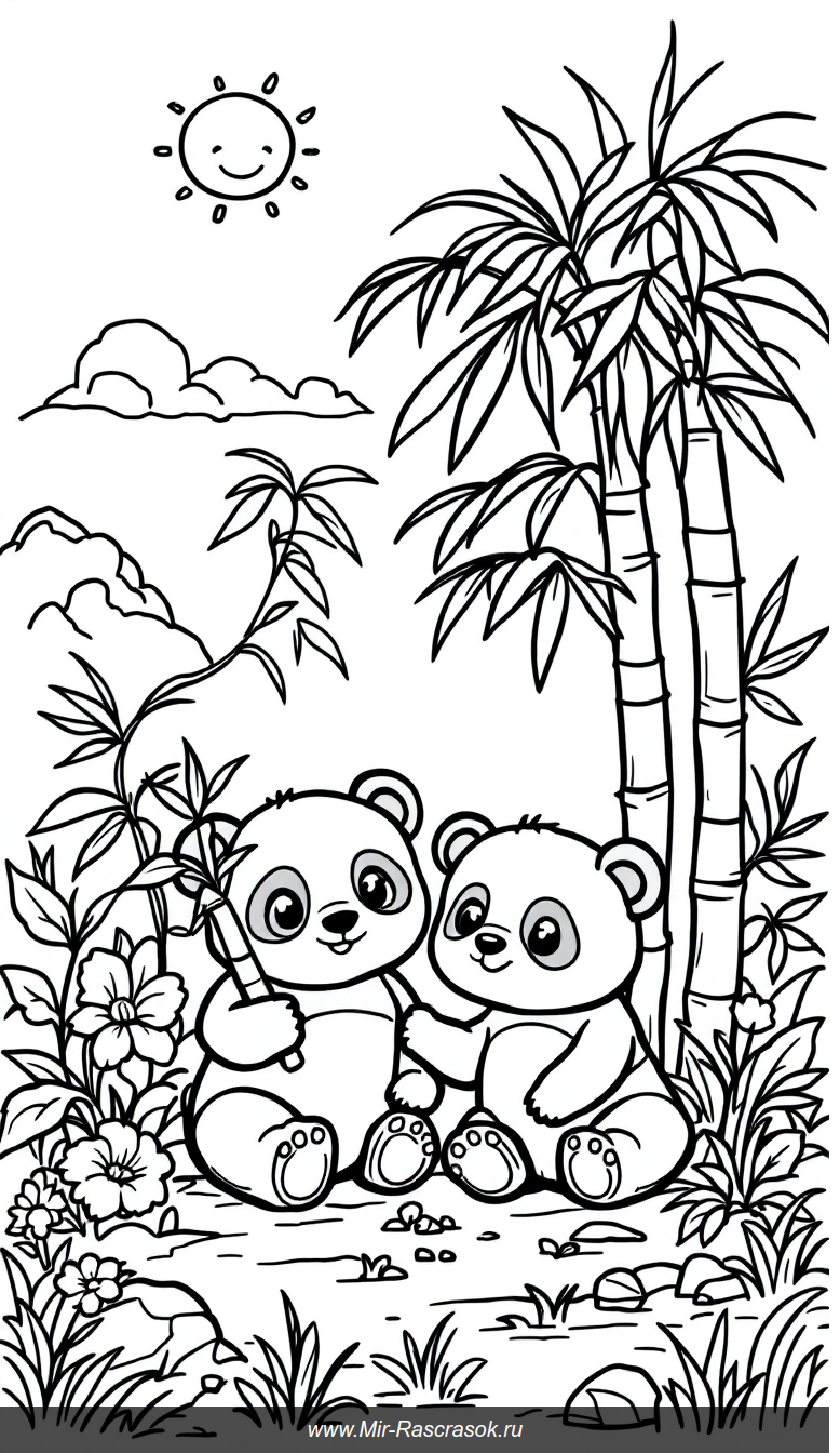 Раскраска с милыми пандочками под большим бамбуком для детей