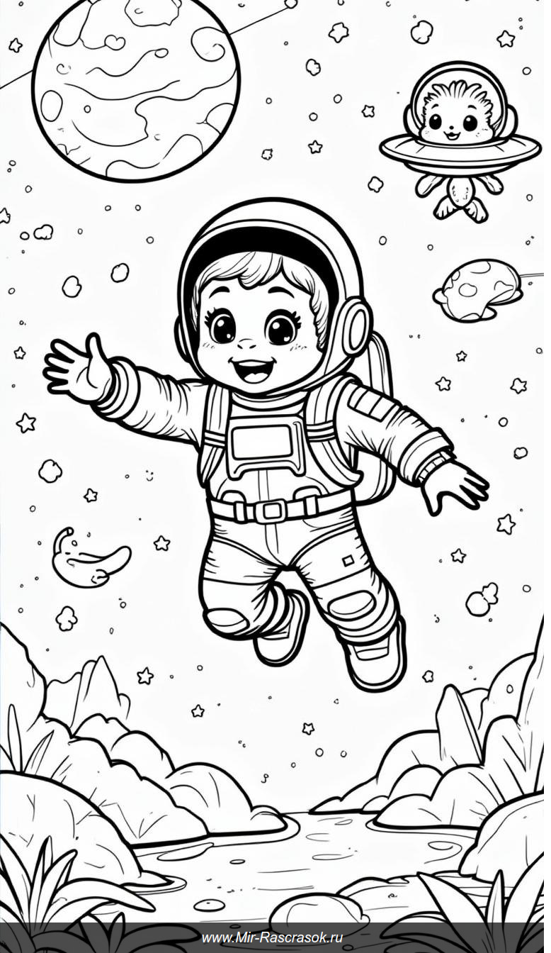 Весёлый космонавт и дружелюбный пришелец в раскраске