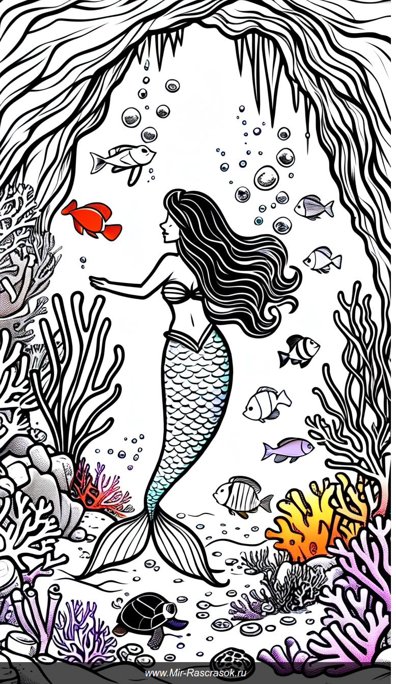 Отважная русалка в подводной пещере с сокровищами и морскими обитателями