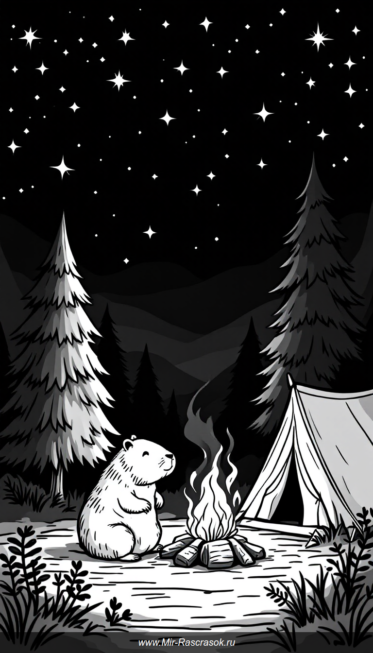 Погрузитесь в волшебный мир с капибарой, которая наслаждается уютным кемпингом под звездным небом✨🌲Идеальный сюжет для детской раскраски с простыми и понятными элементами🔥🎨Развивайте творческие навыки детей вместе с веселым рисунком и создавайте свои яркие истории на природе🌟