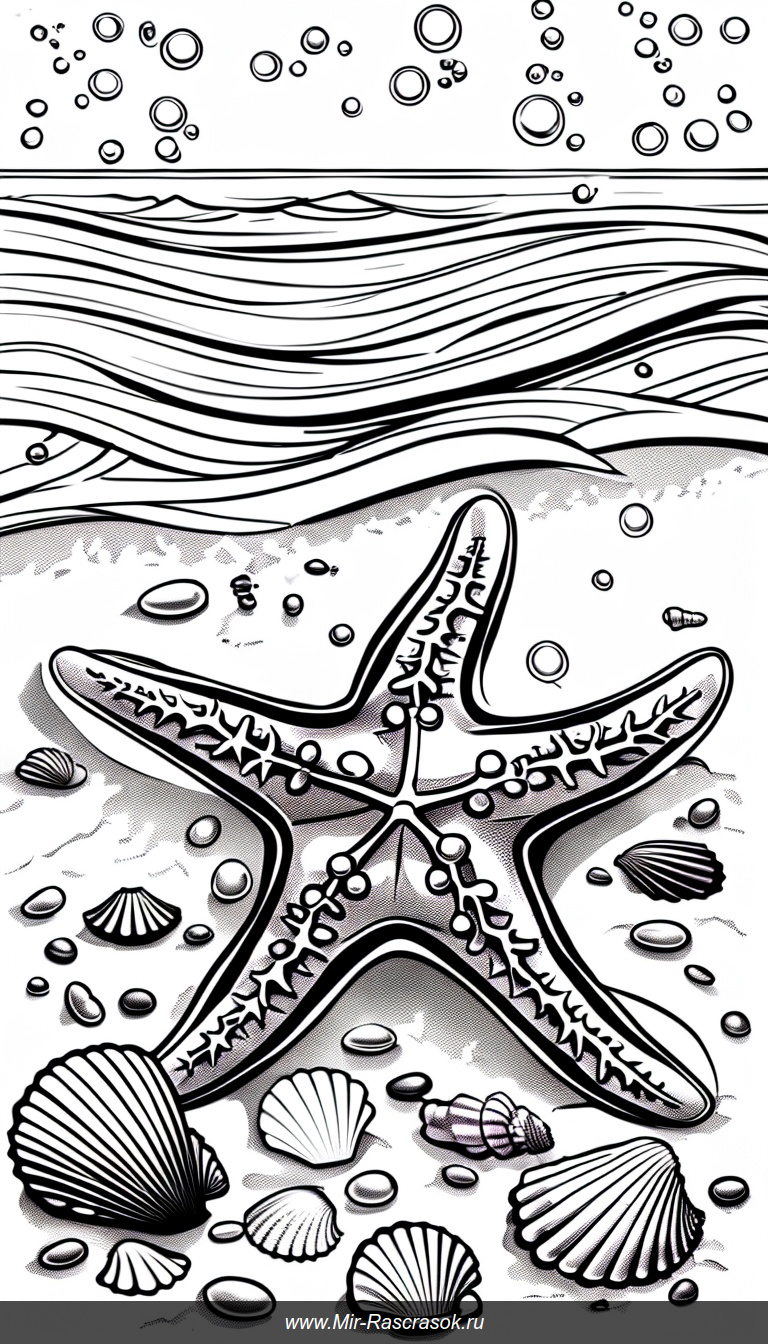 Раскраска с морской звездой на песчаном дне океана среди ракушек