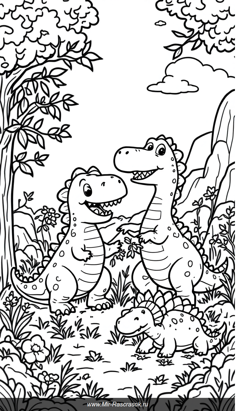Весёлые динозавры в доисторическом лугу для детской раскраски
