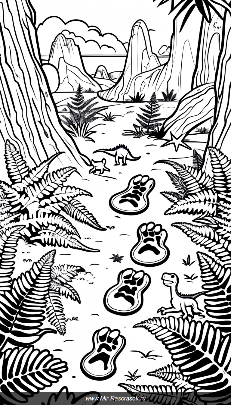 Раскраска с доисторическим пейзажем и следами динозавров для приключений